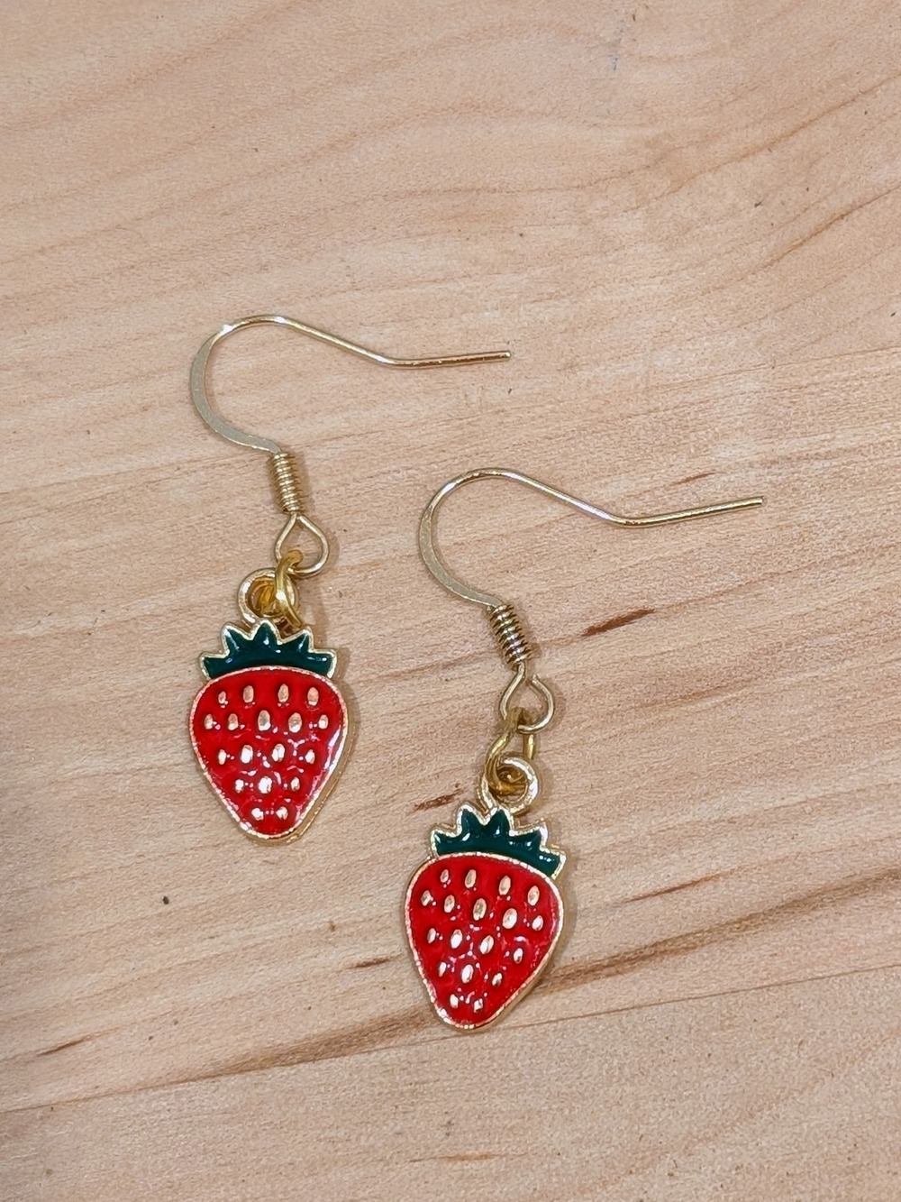 Strawberry Drop Earrings Red Green Enamel